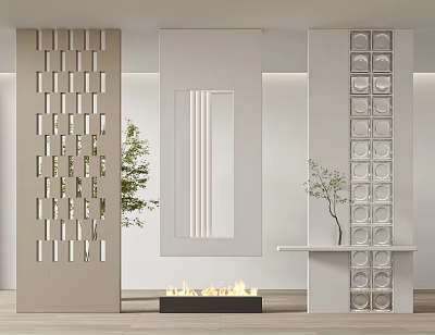 Modern Decorative Room Dividers With Square Cutouts Vertical Slats Circular Patterns Green Plants And Fireplace 3d model