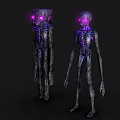 Two Eerie Skeleton Creatures With Purple Glowing Eyes And Wooden Texture