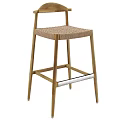 Natural Wooden Frame Bar Stool With Woven Seat And Detailed Craftsmanship
