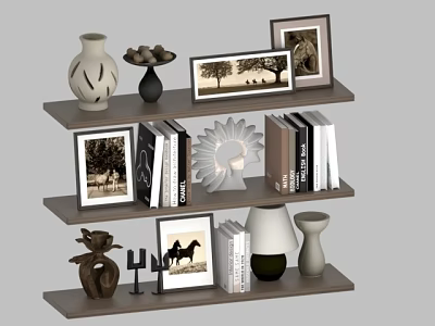 Decorative Ornament and Decor Set on Wooden Shelves with Photo Frames Books Vases and Sculptures 3d model