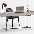 Modern Desk With Laptop Table Lamp Decorative Vase Books And Gray Chair
