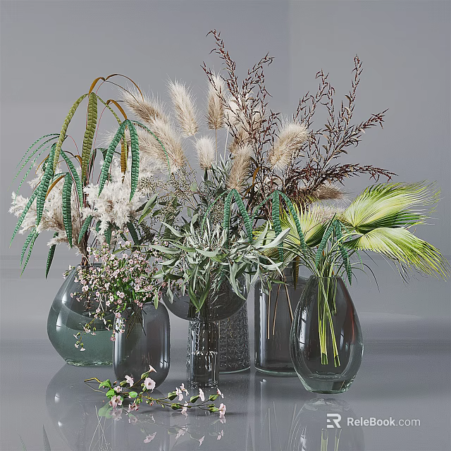 Decorative Glass Vases with Dried Flowers Green Plants and Feathery Foliage 3d model 