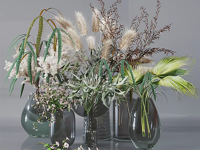 Decorative Glass Vases with Dried Flowers Green Plants and Feathery Foliage 3d model