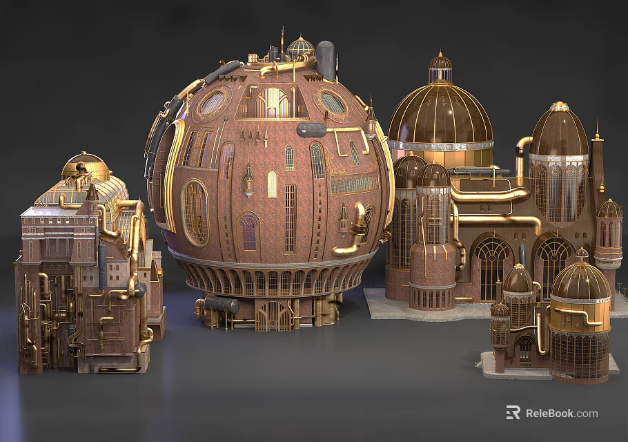 Steampunk Architecture Models Featuring Intricate Domes Golden Brown Exteriors And Vintage Design 3d model 