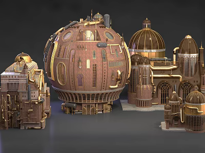 Steampunk Architecture Models Featuring Intricate Domes Golden Brown Exteriors And Vintage Design 3d model