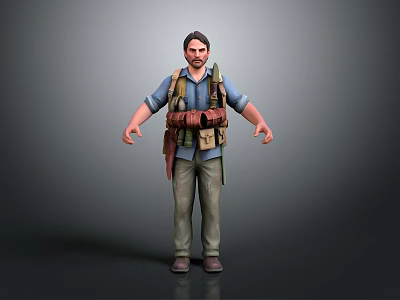 Man In Blue Shirt With Brown Backpack Utility Belt Khaki Pants And Dark Shoes 3d model