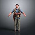 Man In Blue Shirt With Brown Backpack Utility Belt Khaki Pants And Dark Shoes