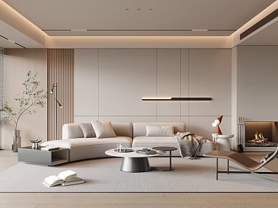 Modern Minimalist Living Room Interior With Light Gray Sofa Round Coffee Table And Fireplace 3d model