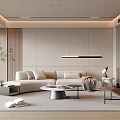 Modern Minimalist Living Room Interior With Light Gray Sofa Round Coffee Table And Fireplace