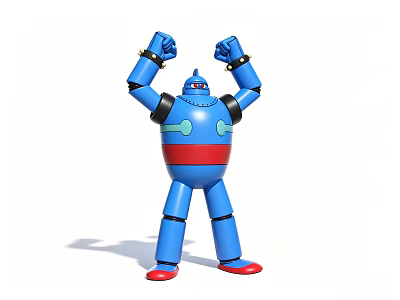 Blue Robot Doll With Red Accents Black Parts And Raised Fists Design 3d model