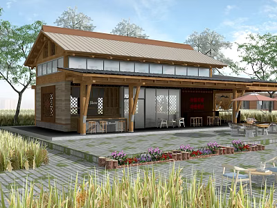 Rustic Modern Guesthouse Building With Wooden Structure Rooftop Large Windows And Outdoor Greenery 3d model