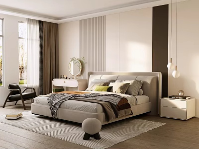 Modern Bedroom Interior Design With Comfortable Bed Nightstand And Window Curtains 3d model