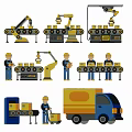 Industrial Silhouette Showing Robotic Arms Workers Conveyor Belts And Delivery Truck With Packages