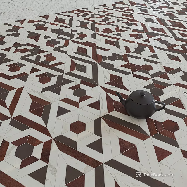 Geometric Pattern Floor Tiles In Brown White With Teapot 3d model 
