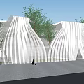 White Wavy Perforated Architectural Structure With Water Pool Grass And Trees