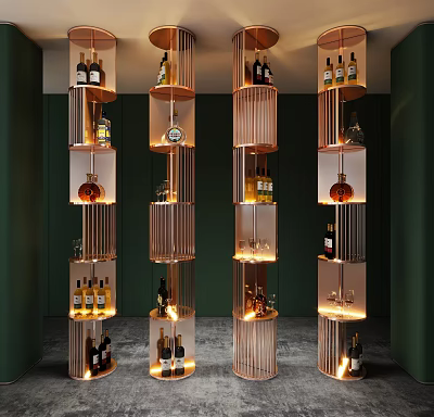 Modern Liquor Store Interior With Elegant Cylindrical Display Shelves And Various Wines 3d model