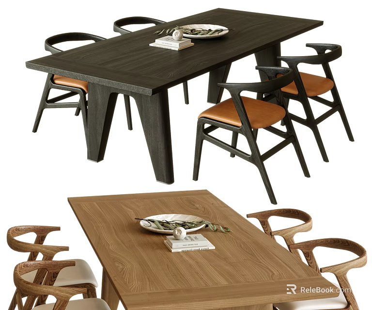 Modern Minimalist Wooden Dining Table And Chairs Set With Upholstered Seats In Neutral Tones 3d model 