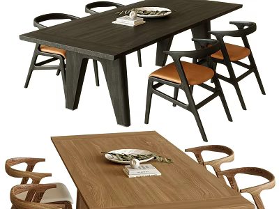 Modern Minimalist Wooden Dining Table And Chairs Set With Upholstered Seats In Neutral Tones 3d model
