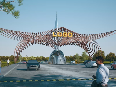 Modern Wing Shaped Metal Entrance Gate With Top LOGO Surrounded By Cars And Pedestrians 3d model