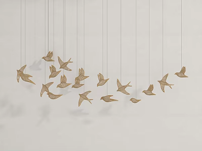 Artistic Multiple Golden Bird Shaped Chandelier Hanging In White Background Decor 3d model