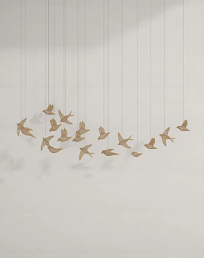 Artistic Multiple Golden Bird Shaped Chandelier Hanging In White Background Decor 3d model