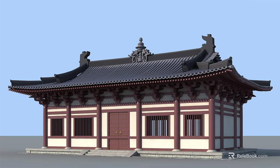 Traditional Ancient Chinese Architecture With Black Tiled Roof Red Pillars And White Walls 3d model 