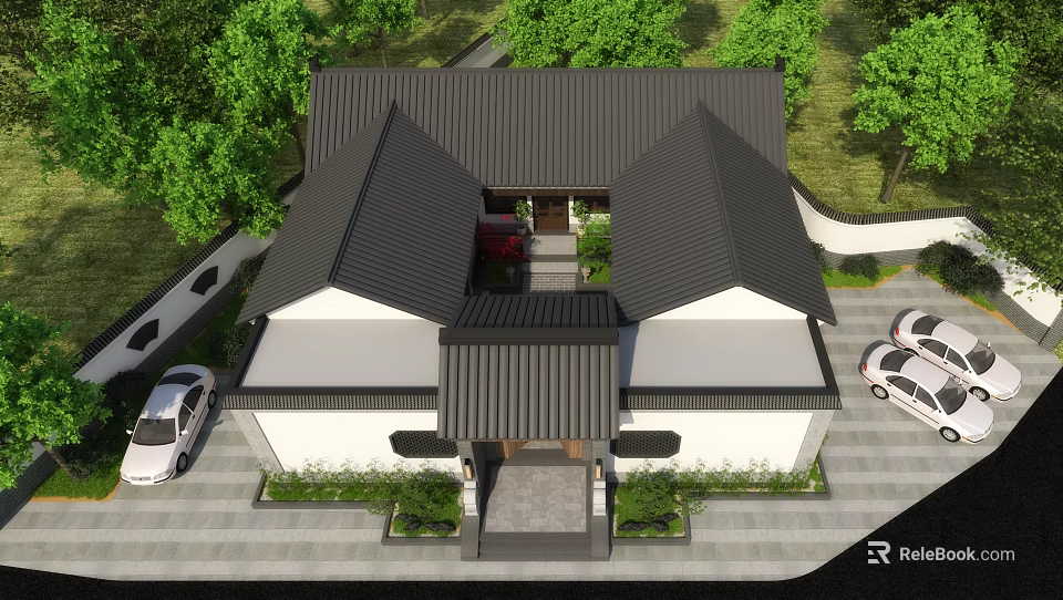 Traditional Detached Villa with Chinese Style Roof Courtyard and Green Trees 3d model 