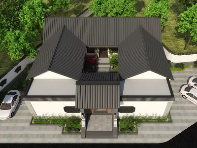 Traditional Detached Villa with Chinese Style Roof Courtyard and Green Trees 3d model