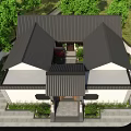 Traditional Detached Villa with Chinese Style Roof Courtyard and Green Trees