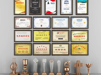 Various Achievement Trophies and Medals with Framed Certificates Displayed on Wall 3d model