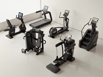 Various Types of Modern Black Sports Equipment Including Treadmill Elliptical and Exercise Bike 3d model