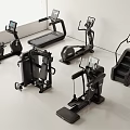 Various Types of Modern Black Sports Equipment Including Treadmill Elliptical and Exercise Bike