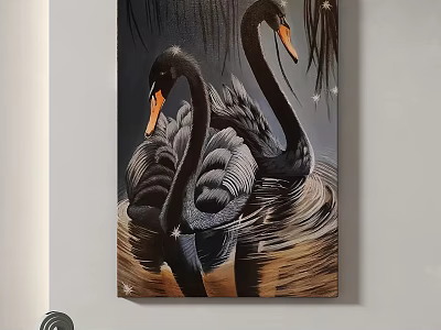 Black Swan Animal Painting Featuring Two Swans in Water with Detailed Feathers 3d model