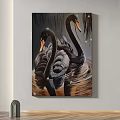 Black Swan Animal Painting Featuring Two Swans in Water with Detailed Feathers