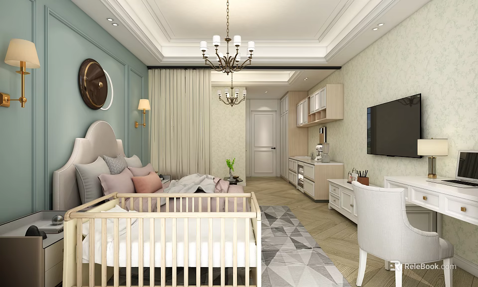 Modern Elegant Bedroom Interior with Baby Crib Chandelier TV Vanity Soft Curtains and Patterned Rug 3d model 