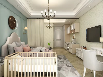 Modern Elegant Bedroom Interior with Baby Crib Chandelier TV Vanity Soft Curtains and Patterned Rug 3d model