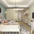 Modern Elegant Bedroom Interior with Baby Crib Chandelier TV Vanity Soft Curtains and Patterned Rug