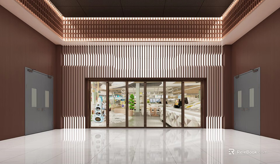 Modern Building Entrance With Glass Doors Wooden Lattice White Floor And Green Plants 3d model 