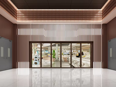 Modern Building Entrance With Glass Doors Wooden Lattice White Floor And Green Plants 3d model