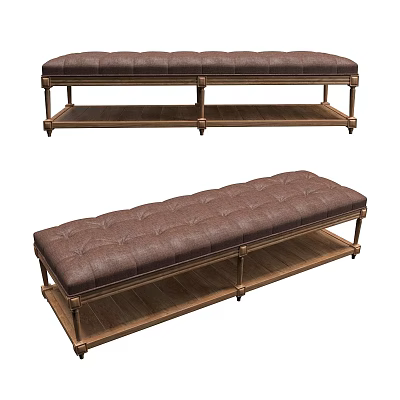 Stylish Brown Leather Sofa Bench With Button Tufted Cushion Wooden Frame And Storage Shelf 3d model