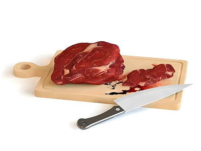 Wooden Cutting Board And Sharp Kitchen Knife For Cutting Raw Meat Slices 3d model