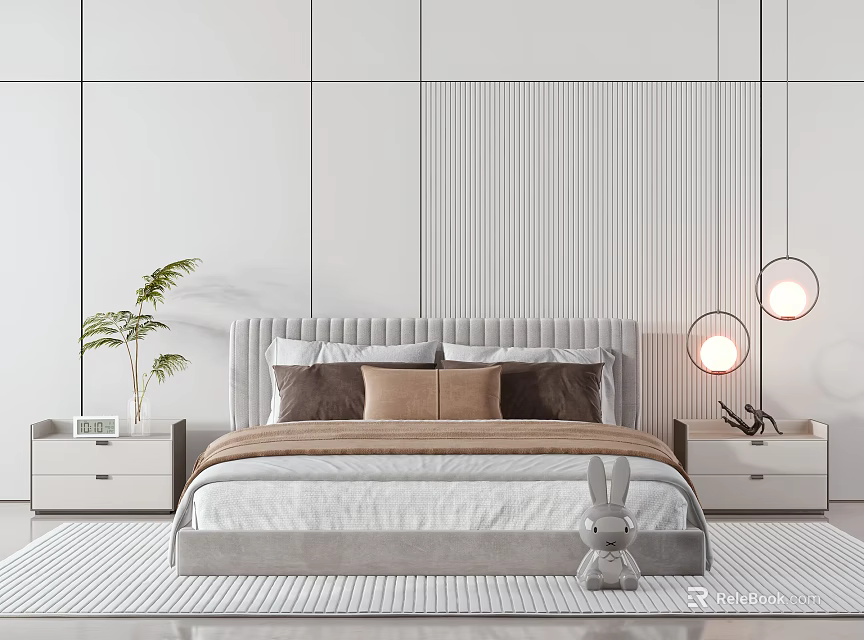 Modern Double Bed with Upholstered Headboard Pillows Bedside Tables Lamps and Green Plant 3d model 