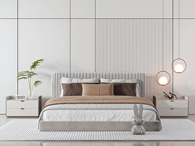 Modern Double Bed with Upholstered Headboard Pillows Bedside Tables Lamps and Green Plant 3d model