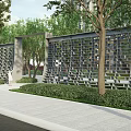 Illuminated Building Exterior Wall with Perforated Brick Design and Trees in Evening Scene with Pedestrian