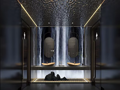 Modern Bathroom Design With Double Mirrors Water Wave Backdrop Sink Basins Decorative Stones And Lighting 3d model