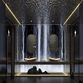 Modern Bathroom Design With Double Mirrors Water Wave Backdrop Sink Basins Decorative Stones And Lighting