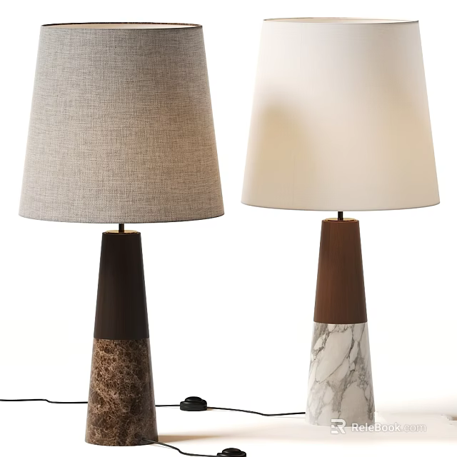 Two Stylish Table Lamps Featuring Textured Wooden And Marble Bases With Fabric Shades 3d model 