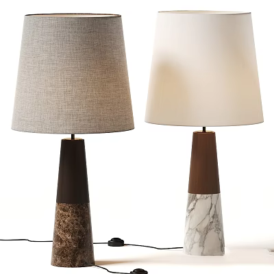 Two Stylish Table Lamps Featuring Textured Wooden And Marble Bases With Fabric Shades 3d model