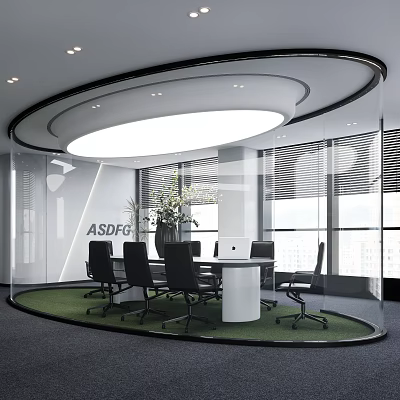 Modern Meeting Room With Circular Design Glass Walls Green Plants Black Chairs White Conference Table 3d model