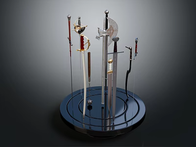 Antique Weapons Collection On Circular Display Stand With Swords Axes And Daggers 3d model